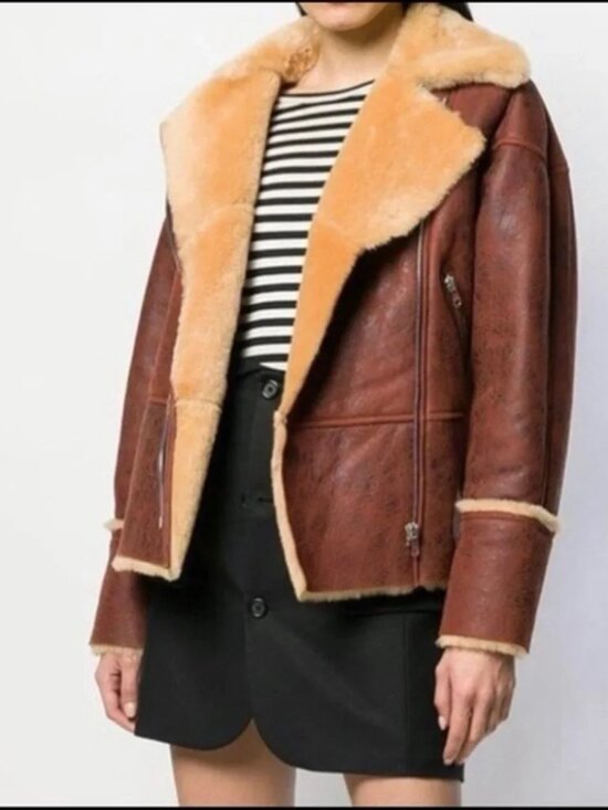 Sandro Jackets & Blazers - SANDRO Paris Womens Shearling Marron Leather Fur Jacket Burgandy